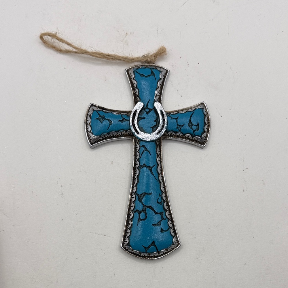Blue Cross Wall Decor Horseshoe Accent Christmas Ornament Western Cowgirl